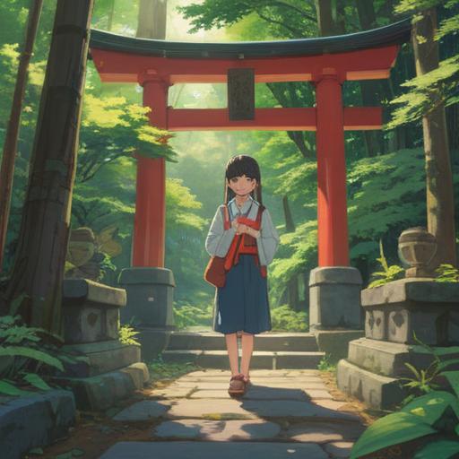 A serene illustration of a visitor at Hirataki Shrine, holding a lucky charm, surrounded by lush greenery, gentle sunlight filtering through the trees, traditional Japanese architecture in the background, a sense of tranquility and fortune, colorful details on the charm, peaceful atmosphere, 4k