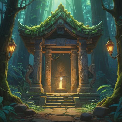 A mystical artifact glowing with energy, placed on an ancient stone altar in the serene surroundings of a forest shrine, vibrant light illuminating the intricate carvings, lush greenery, warm sunlight filtering through the trees, a sense of tranquility and empowerment, symbolic elements representing strength and rejuvenation, captivating and inspiring atmosphere, 4k