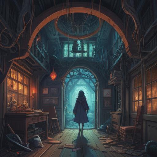 A surreal illustration representing paranoid delusions, ethereal elements, symbolic imagery reflecting spiritual meanings, dark shadows and light contrasts, figures entwined in confusion, abstract representation of thoughts, mystical atmosphere, deep emotional resonance, 4k