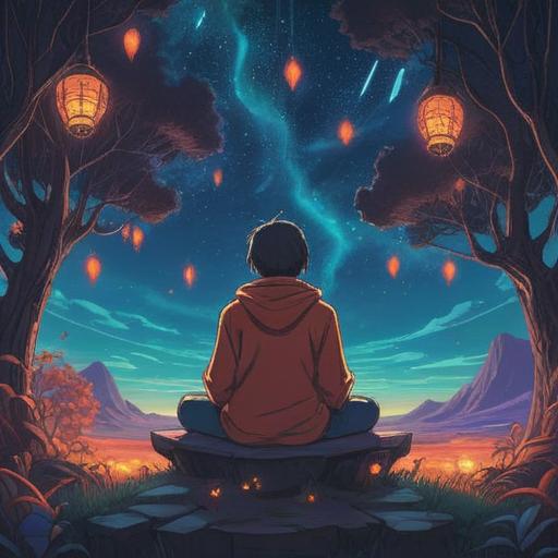 A serene and introspective scene, depicting a person meditating under a vast starry sky, surrounded by ethereal lights representing thoughts and fears, gentle aura illuminating the figure, symbols of protection and guidance appearing softly around, lush greenery in the foreground blending with a calming night atmosphere, a sense of enlightenment and clarity enhancing the overall vibe, 4k