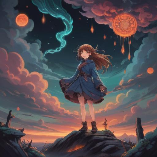 A surreal illustration depicting a character surrounded by dark clouds representing delusions, mystical symbols floating in the air, an aura of uncertainty, ominous shadows, ethereal light breaking through, reflective surface showing inner turmoil, vibrant colors contrasting with darkness, intricate details of expressions, 4k