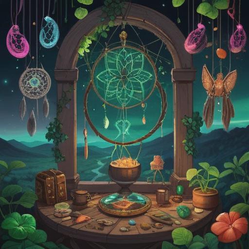 A serene and enchanting scene featuring a collection of lucky items, including a four-leaf clover, a horseshoe, and a dreamcatcher, placed on a wooden table, soft sunlight filtering through a window, creating a warm and comforting atmosphere, gentle colors, inviting ambiance, symbolic representation of hope and positivity, 4k
