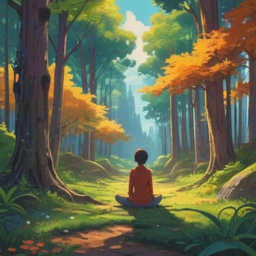 A serene outdoor scene, a person engaging in mindful meditation, warm sunlight filtering through trees, peaceful expressions, surrounded by nature, positive energy, symbolism of letting go, uplifting atmosphere, colorful flowers, gentle breeze, personal growth, 4k