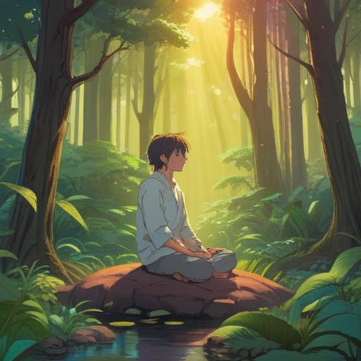 A serene and uplifting scene depicting a person meditating in a tranquil setting, surrounded by nature, sunlight filtering through trees, a sense of peace and clarity, symbols of empowerment and liberation, motivational quotes in the background, vibrant colors, harmonious vibes, 4k