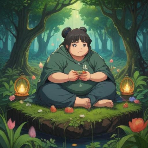 A serene and mystical illustration depicting the spiritual significance of obesity, a figure sitting meditatively in a lush green landscape, surrounded by symbols of abundance and self-acceptance, gentle light illuminating the scene, harmonious colors blending together, conveying a sense of peace and introspection, ethereal presence, inviting atmosphere, 4k