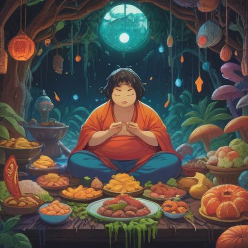 A symbolic representation of spiritual signs related to obesity, vibrant colors, a figure meditating surrounded by food-related icons, ethereal glow, lush nature background, harmonious balance between body and spirit, thought-provoking imagery, 4k