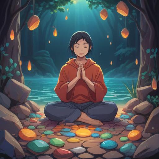 A serene and harmonious scene depicting a person meditating surrounded by various lucky stones, each displaying unique colors and textures, soft natural lighting illuminating the stones, a tranquil garden setting with lush greenery, peaceful water features, symbols of balance and well-being, promoting mental and physical harmony, 4k