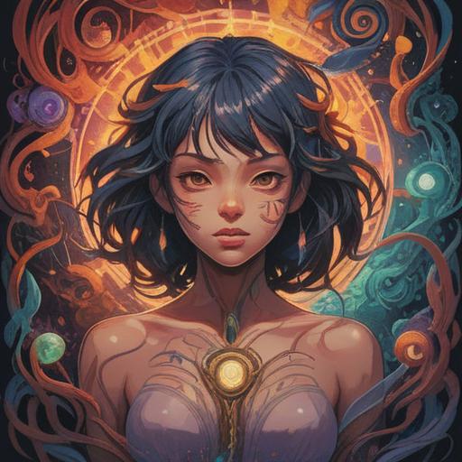 A mystical representation of skin diseases as spiritual signs, vibrant colors, abstract patterns symbolizing healing and transformation, ethereal atmosphere, interconnected elements of nature, light illuminating the skin, serene expressions on faces, balance and harmony, 4k