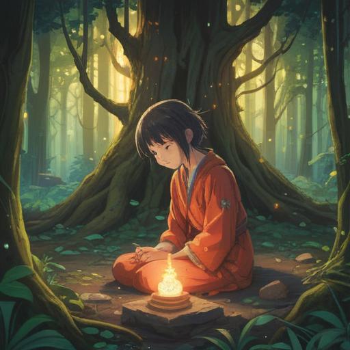 A serene illustration depicting an individual contemplating spirituality during a skin disease, warm light filtering through trees, symbols of healing and resilience, mindful expression, ethereal elements representing intuition, interconnectedness with nature, calm and reflective atmosphere, 4k