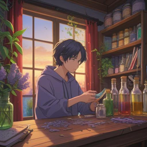 A soothing and uplifting scene, depicting a person surrounded by vibrant bottles of essential oils, aromatic plants like lavender and eucalyptus, a gentle breeze carrying uplifting scents, a feeling of serenity and hope, sunlight streaming through a window, promoting healing and wellness, inviting atmosphere, 4k