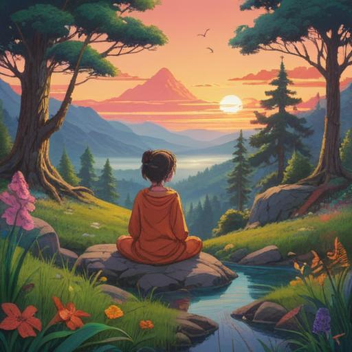 A serene and ethereal landscape depicting the spiritual meaning of skin disorders, vibrant colors blending with soft light, a figure meditating in nature, rays of sunlight illuminating the skin, symbolizing healing and transformation, intricate patterns representing the connection between body and spirit, harmonious balance, a sense of peace and acceptance, 4k