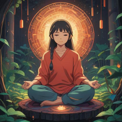 A serene and introspective illustration, a person meditating surrounded by gentle light, faint symbols representing skin ailments in the background, a harmonious balance of nature and spirituality, calming colors like soft greens and blues, ethereal aura, peaceful expression on the person's face, 4k