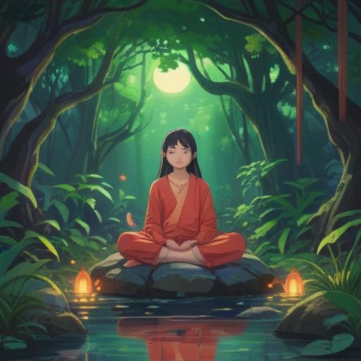 A serene and tranquil scene depicting a person meditating in a peaceful natural setting, surrounded by soft glowing lights, lush greenery, and blooming flowers, embodying the essence of spiritual self-care, harmony between mind and body, gentle energy flowing around, calming atmosphere, inviting warmth, 4k