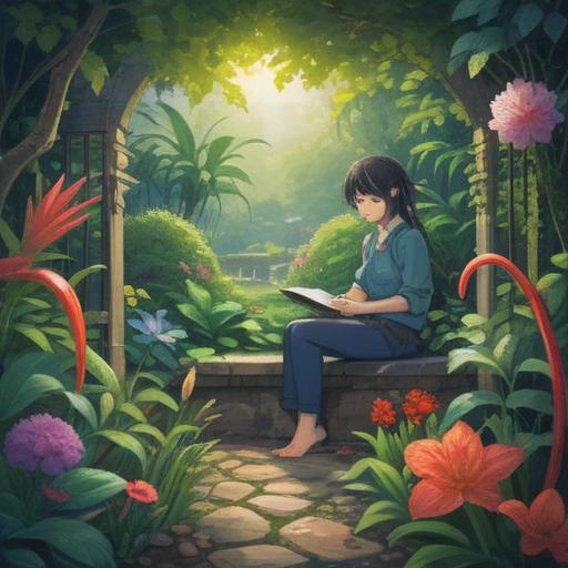 A serene and calming illustration of a person enjoying a peaceful moment in a tranquil garden, surrounded by various aromatic plants and flowers, soft sunlight filtering through the leaves, depicting the soothing effects of lucky aromas on skin troubles, gentle colors, harmonious atmosphere, detailed elements of nature, 4k