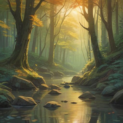 A serene and ethereal scene, depicting a tranquil forest bathed in soft, golden light, a gentle stream flowing nearby, glowing orbs of light representing positive energy, a meditative figure in a harmonious pose, surrounded by nature, an aura of calm and spirituality, signs of growth and enlightenment, detailed foliage and wildlife, uplifting atmosphere, 4k