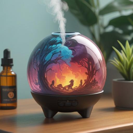 A serene and calming scene, depicting a beautiful essential oil diffuser, gentle wisps of aromatic steam rising, vibrant bottles of natural oils labeled with healing benefits, lush indoor plants surrounding the setup, soft natural light filtering in, inviting ambiance, relaxing atmosphere, essence of tranquility, vibrant colors, peace and harmony, 4k