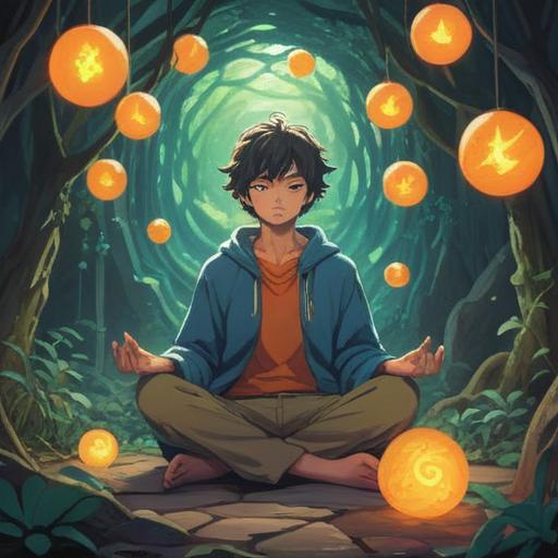 A serene scene depicting a person sitting in meditation, surrounded by glowing energy orbs, ethereal light illuminating their face, tranquil natural setting with lush greenery, gentle breeze creating ripples in a nearby stream, subtle spiritual symbols in the background, a sense of peace and enlightenment, harmonious atmosphere, soft colors, calming visual effects, 4k