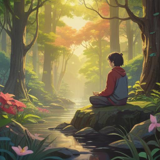A serene landscape depicting a person meditating in nature, soft light filtering through the trees, gentle breezes, vibrant flowers surrounding the figure, subtle energy aura, tranquil expression, harmonious environment, ethereal atmosphere, inspirational elements, 4k