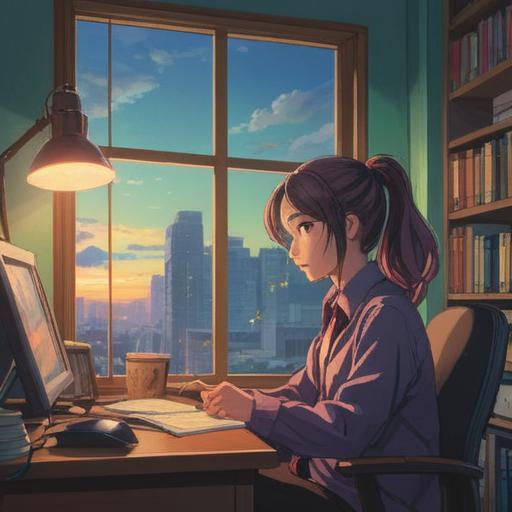 A serene and calming illustration depicting a person in an office environment, feeling fatigued, soft light filtering through the window, subtle aura surrounding the individual, objects representing spiritual signs like feathers and crystals on the desk, a peaceful expression on the character's face, hints of nature outside the window, 4k