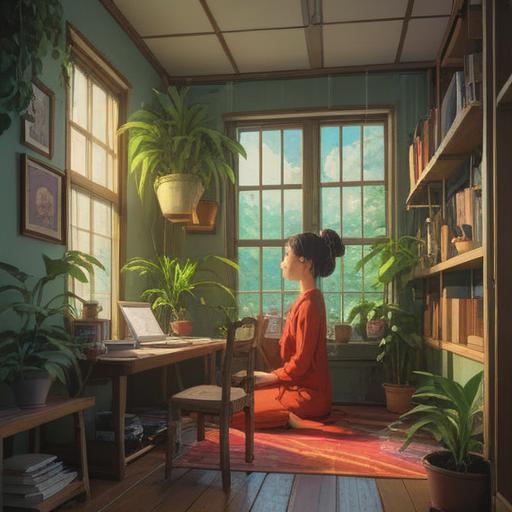 A serene office environment, a person meditating by a window, soft sunlight streaming in, surrounded by plants and calming decor, a laptop closed nearby, peaceful expression, gentle colors, inviting atmosphere, promoting relaxation and mindfulness, 4k