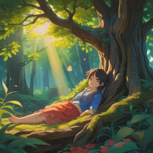 A serene and peaceful scene depicting a person resting under a large, ancient tree, gentle sunlight filtering through the leaves, soft, calming colors, symbols of spirituality like floating orbs and ethereal light, a sense of tranquility and reflection, a few scattered wildflowers, inviting atmosphere, 4k