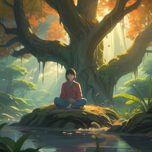 A serene and reflective scene, a person meditating under a large, ancient tree, soft rays of sunlight filtering through the leaves, symbols of energy and healing around, an aura of calmness and peace, an ethereal glow surrounding the individual, vibrant colors, harmonious atmosphere, capturing the essence of spiritual awakening, 4k
