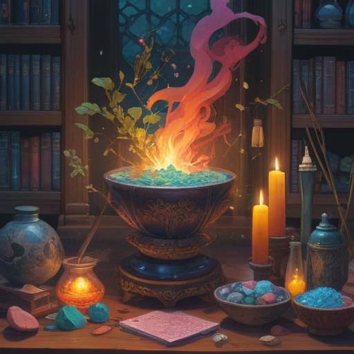 A serene and peaceful still life, featuring spiritual items for balancing the mind, such as crystals, incense, a meditation bowl, and soft candlelight, surrounded by lush greenery, tranquil atmosphere, gentle colors, inviting energy, harmonious composition, 4k