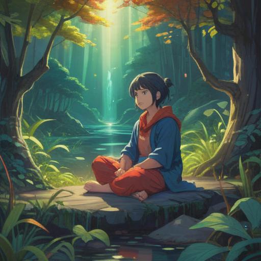 A serene and contemplative scene, a person sitting peacefully in a meditative pose, surrounded by ethereal light and nature, soft glowing orbs representing positive energy, a gentle breeze rustling leaves, vibrant flowers symbolizing renewal, colorful aura reflecting inner peace, spiritual symbols subtly integrated, tranquil atmosphere, uplifting feeling, 4k