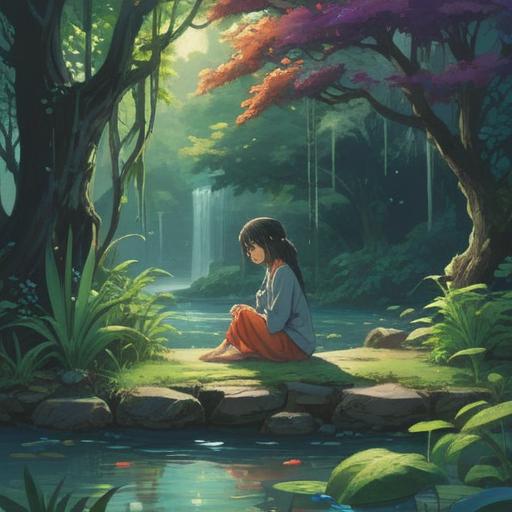 A serene and introspective scene depicting a person sitting peacefully in a tranquil garden, surrounded by gentle flowing water and lush greenery, soft sunlight filtering through the leaves, the person’s expression showing contemplation and awareness, symbolic representations of spirituality like feathers and light orbs floating nearby, emphasizing emotional and spiritual balance, an ethereal atmosphere, peaceful ambiance, 4k