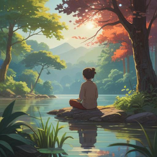 A serene morning scene, gentle sunlight filtering through trees, a person meditating by a calm lake, surrounded by nature, soft sounds of water and birds, a sense of tranquility, self-care, new habit of mindfulness, peaceful reflection, vibrant colors, detailed textures, soothing atmosphere, 4k