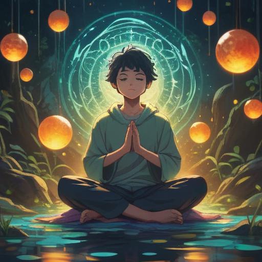 A serene and ethereal illustration, a person meditating surrounded by floating orbs of light, gentle aura emanating from their body, nature elements like trees and flowing water, a soft color palette of blues and greens, a sense of tranquility and peace, spiritual symbols subtly integrated in the background, 4k