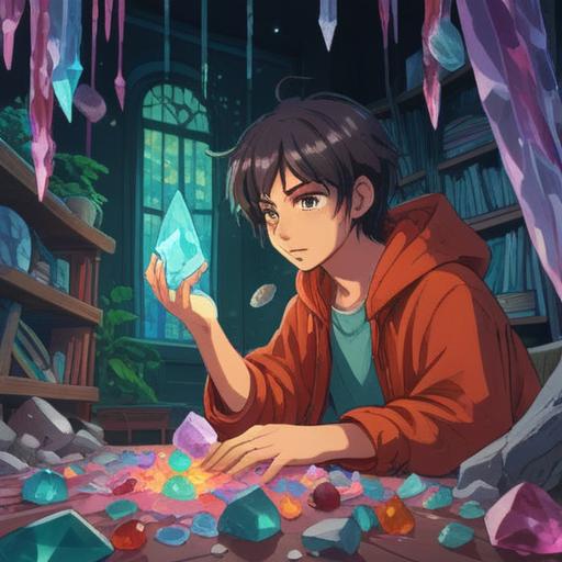 A serene illustration of a weary individual surrounded by various lucky crystals, vibrant colors, luminous energy emanating from the crystals, calming atmosphere, soft light filtering through, intricate patterns on the crystals, displaying clarity and tranquility, 4k