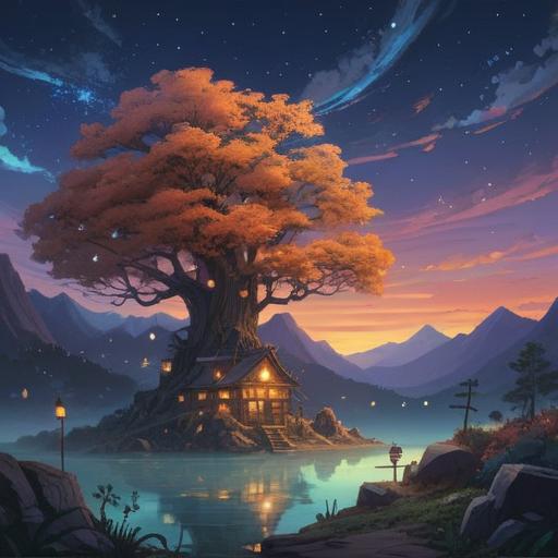 A serene illustration depicting the concept of persistent fatigue, ethereal and dreamlike atmosphere, a peaceful night sky filled with stars, a character meditating under a large tree, symbols of energy and vitality gently surrounding them, representing spiritual awakening, soft glowing lights, harmonious color palette, tranquility and balance, 4k
