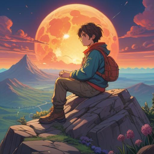 A serene and meditative scene, a person sitting cross-legged on a mountain top, surrounded by glowing orbs of light, a gentle breeze flowing, soft rays of sunlight breaking through the clouds, symbolic representations of energy around them, peaceful expression, nature's beauty, spiritual awakening, vibrant colors, 4k