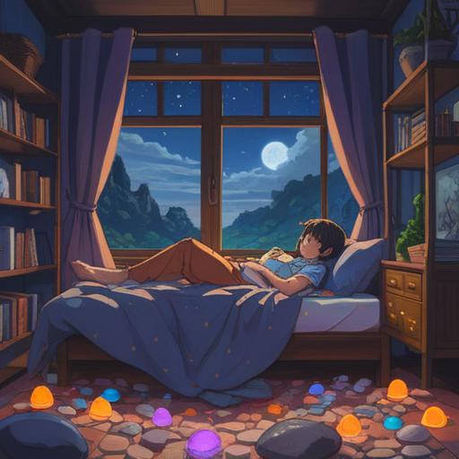 A soothing illustration of a tired person lying in bed, surrounded by glowing lucky stones, soft moonlight filtering through the window, a peaceful yet restless expression, cozy bedroom atmosphere, gentle colors, calming vibes, detailed textures of the stones, 4k