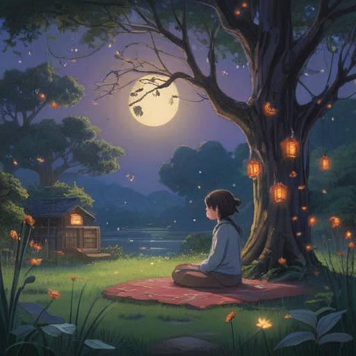 A serene night scene, soft moonlight illuminating a peaceful garden, person meditating under a tree, gentle fireflies dancing in the air, tranquil water feature nearby, stars twinkling in the clear sky, calming colors, inviting atmosphere, sense of inner peace, detailed foliage, soothing environment, 4k