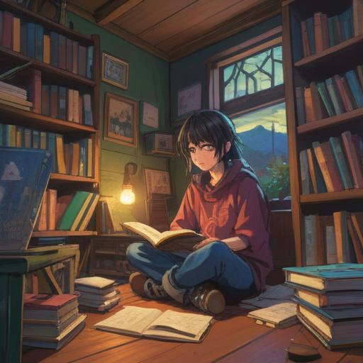 A serene and introspective scene, a person sitting cross-legged in a quiet room, surrounded by notepads and books, deep in thought, soft sunlight filtering through the window, a gentle expression of contemplation on their face, calming colors, warm ambiance, delicate shadows, symbolic representation of growth and understanding, an ethereal quality, 4k