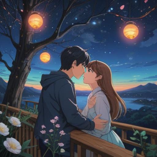 A magical scene depicting a couple sharing a romantic moment under a starry sky, shimmering lights symbolizing love and luck, vibrant colors, soft focus, enchanting atmosphere, heart-shaped aura surrounding them, moments of joy and connection, 4k