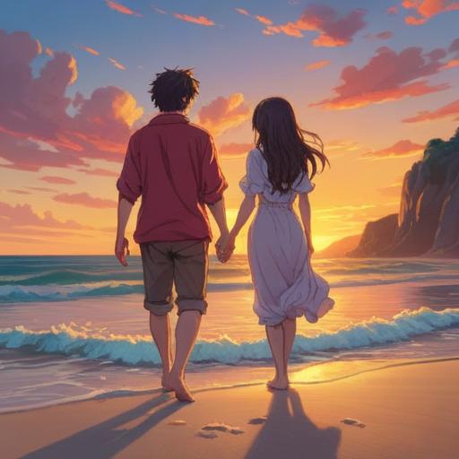 A thoughtful and introspective scene depicting a serene sunset, a couple standing on a beach holding hands, gentle waves lapping at their feet, the woman looking contemplative, a soft breeze flowing through her hair, golden light illuminating their faces, symbolizing change and new beginnings, peaceful expressions, emotional farewell, the horizon representing future possibilities, 4k