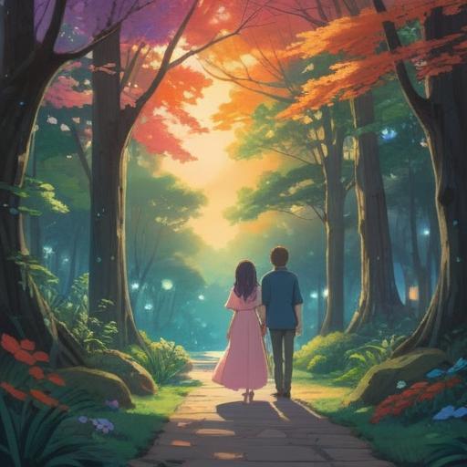 A serene and introspective scene depicting a couple standing apart in a tranquil park, soft light filtering through the trees, a subtle aura around them symbolizing spiritual awareness, distant aura shimmering gently, small ethereal symbols floating in the air representing spiritual signs, an atmosphere of reflection and emotional depth, capturing the essence of parting and awareness, embracing acceptance and growth, 4k