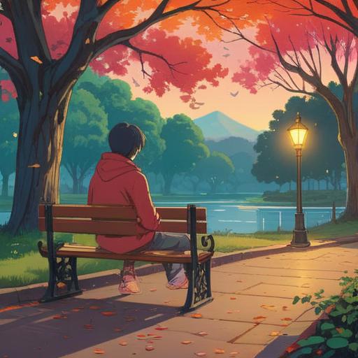 A reflective scene depicting a person sitting alone on a park bench, contemplating life after a breakup, vibrant lucky charms scattered around, warm sunlight filtering through trees, a sense of hope and renewal, soft focus on the character's pensive expression, serene atmosphere, 4k