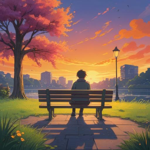 A serene, reflective scene depicting a person sitting alone on a park bench at sunset, surrounded by symbolic representations of growth and healing, soft rays of sunlight filtering through the trees, gentle breeze rustling the leaves, ethereal spirit elements floating around, conveying the essence of spiritual awakening and acceptance after a breakup, tranquil atmosphere, vibrant colors, 4k