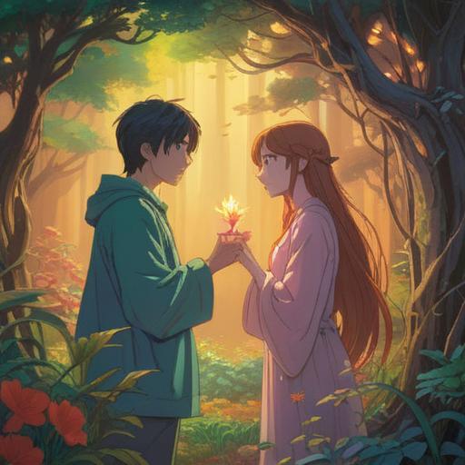 A serene and contemplative scene depicting a gentle parting between two figures, ethereal light illuminating their faces, symbols of growth and transformation in the background, peaceful atmosphere, soft colors, branches and leaves representing change, a sense of hope and spiritual awakening, tranquil setting, visual metaphors for positive signs in separation, 4k