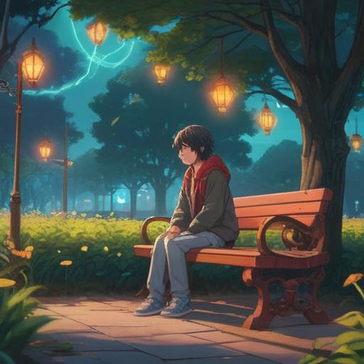 A contemplative scene depicting a person sitting alone on a park bench, looking pensive, surrounded by floating ethereal symbols, soft light filtering through the trees, gentle autumn leaves falling, a subtle aura of energy surrounding the individual, representing signs and messages from the universe, tranquil atmosphere, introspective mood, 4k
