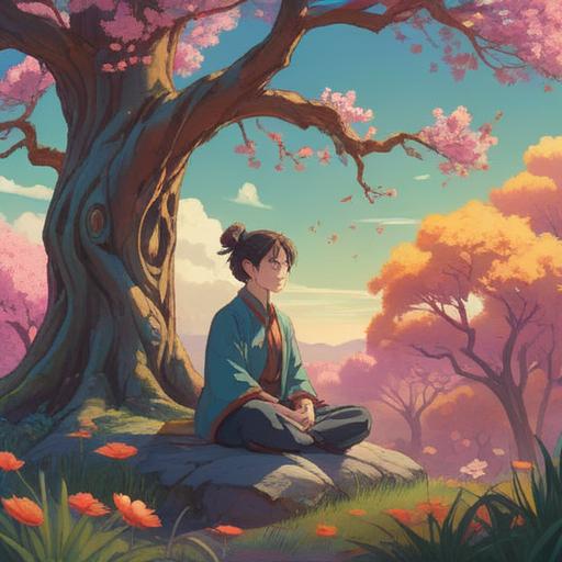 A serene illustration of a person meditating under a blossoming tree, vibrant colors, ethereal light surrounding them, a sense of tranquility and openness, blooming flowers symbolizing new connections, peaceful atmosphere, spiritual growth, harmonious environment, 4k
