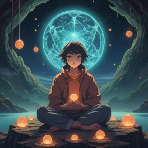 A serene and ethereal scene depicting a person meditating under a starlit sky, surrounded by glowing orbs of light representing positive energy, soft pastel colors illuminating the surroundings, a gentle breeze rustling the leaves, hints of a cosmic connection, warm and inviting atmosphere, symbolism of love and desire intertwined, 4k