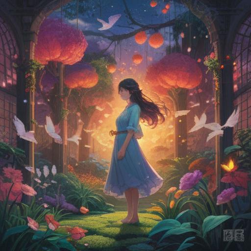 A surreal dreamscape illustrating a woman in a vibrant garden, ethereal light surrounding her, symbols of love and betrayal floating in the air, deeply reflective mood, vivid colors, dreamlike imagery, spirituality and intuition represented through celestial elements, intricate details, 4k