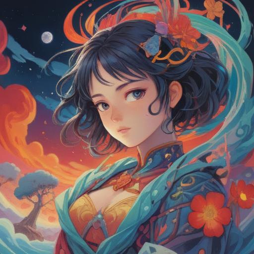 A surreal dreamscape illustration, a woman with a contemplative expression, abstract symbols of love and trust, ethereal colors blending softly, a floating heart representing emotions, celestial elements hinting at spiritual guidance, luminous aura surrounding her, serene atmosphere, vivid details in the background, 4k