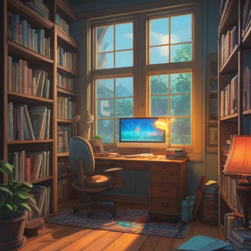A cozy scene of a well-organized study desk, bright daylight streaming through a window, neatly stacked books, a steaming cup of coffee, a laptop displaying a clean layout, colorful stationery items arranged neatly, peaceful ambiance, calm and focused atmosphere, 4k