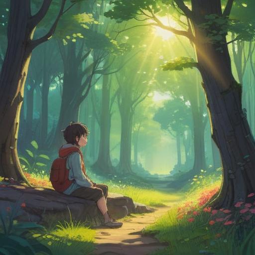 A serene and contemplative scene, a person sitting peacefully in a tranquil nature setting, soft sunlight filtering through the trees, surrounded by symbols of spiritual guidance, such as glowing orbs and gentle animal spirits, reflecting a sense of inner peace and self-discovery, vibrant colors, harmonious composition, calming atmosphere, 4k